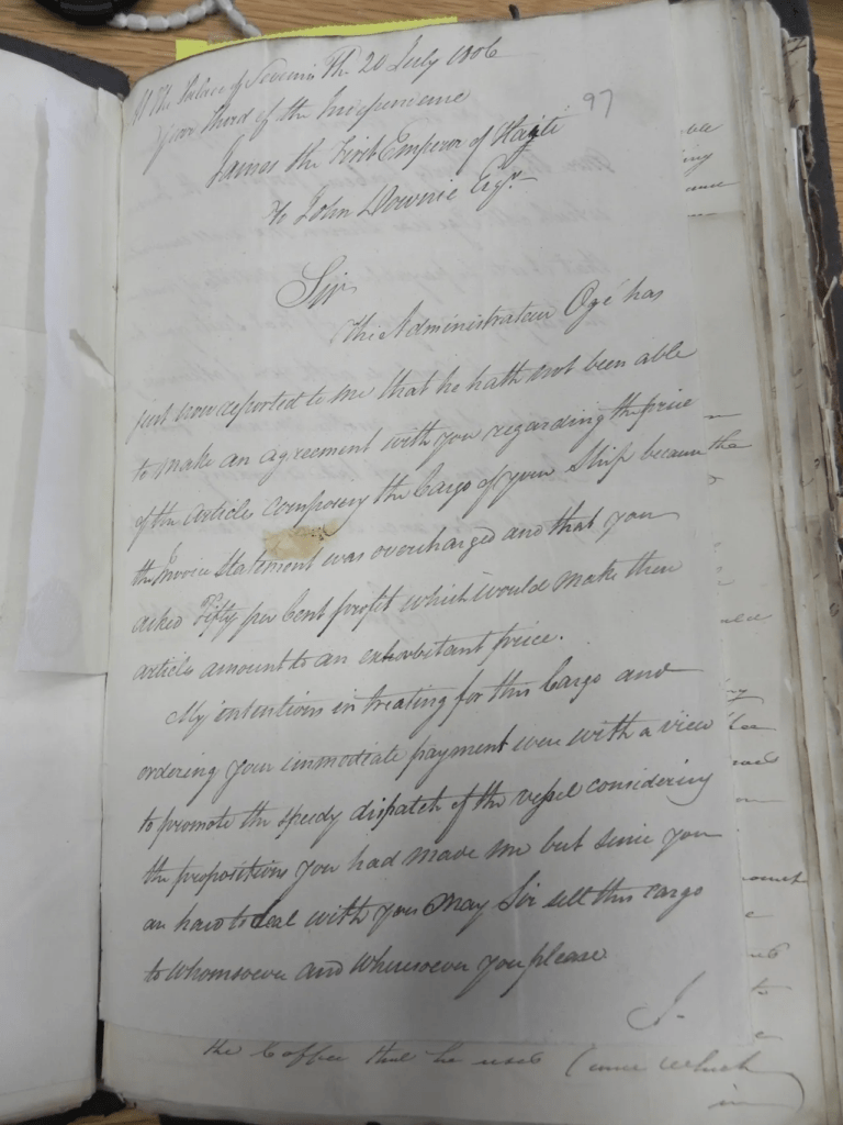 Lettre inédite de Dessalines sur la régulation du commerce étranger avec Haïti (20 juillet 1806)