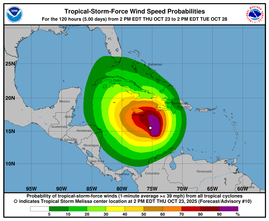 Mélissa / Bulletin #10 du NHC (5h pm): Les premiers vents de tempête devraient atteindre Haïti dès vendredi matin