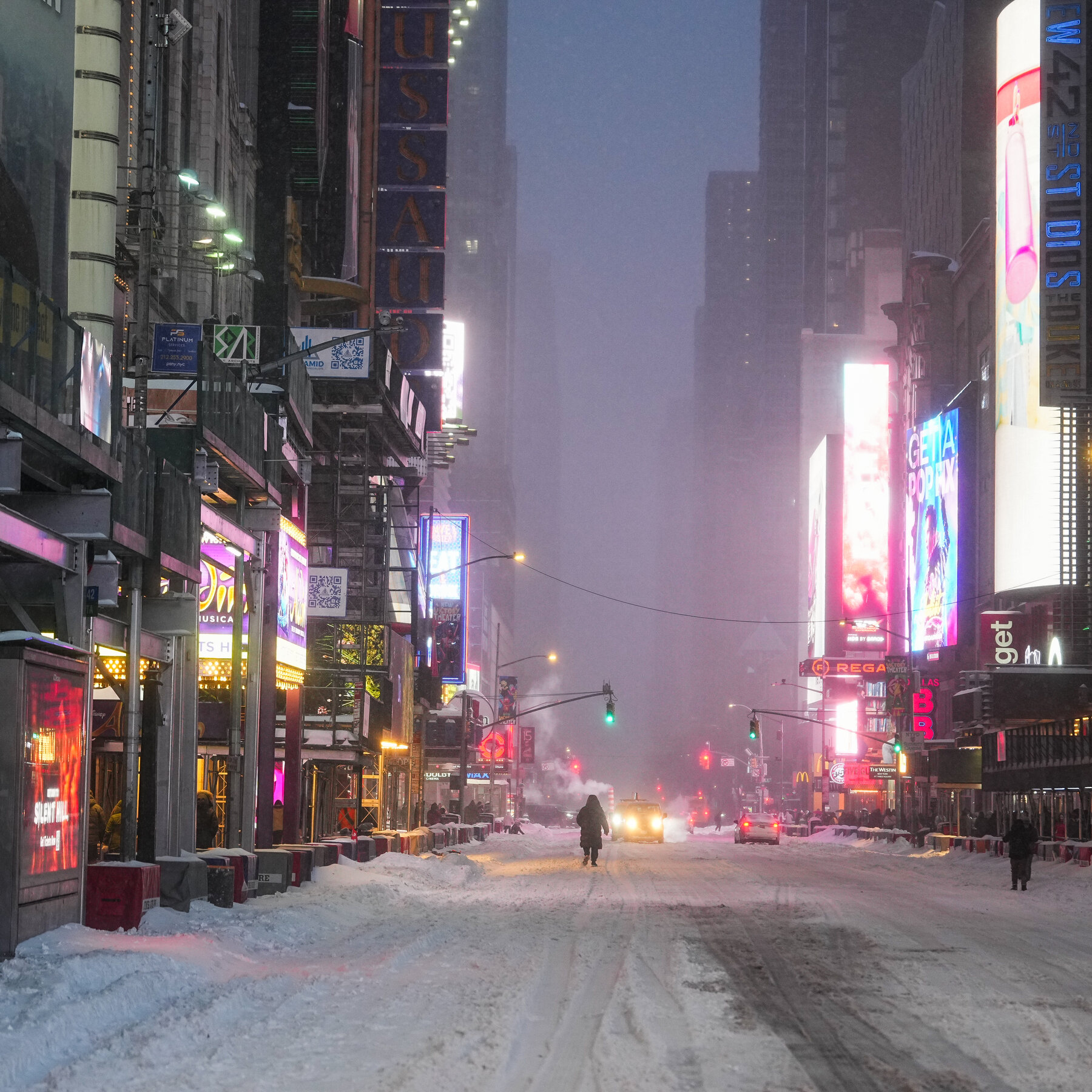 On Broadway, frustration mounts as curtains rise amid the snowfall.
