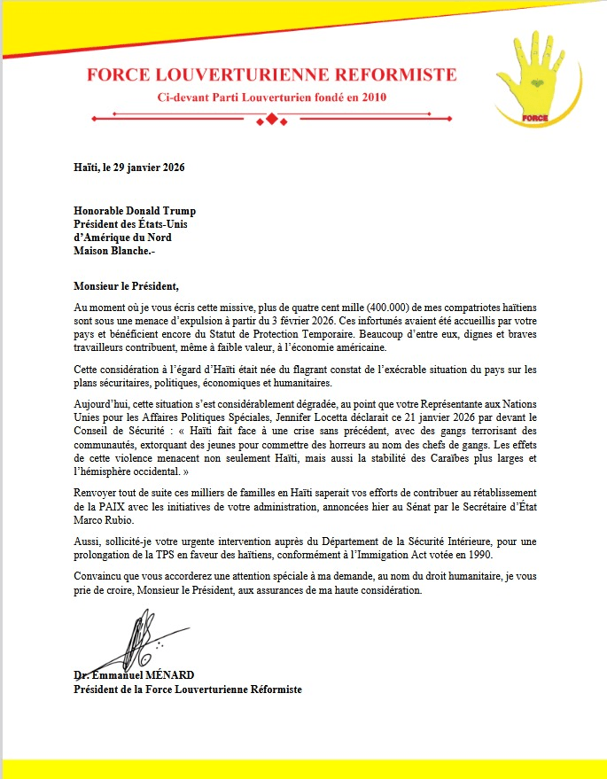 Dr. Ménard – Letter to the President of the United States Concerning the Protection of Haitian Nationals Under TPS