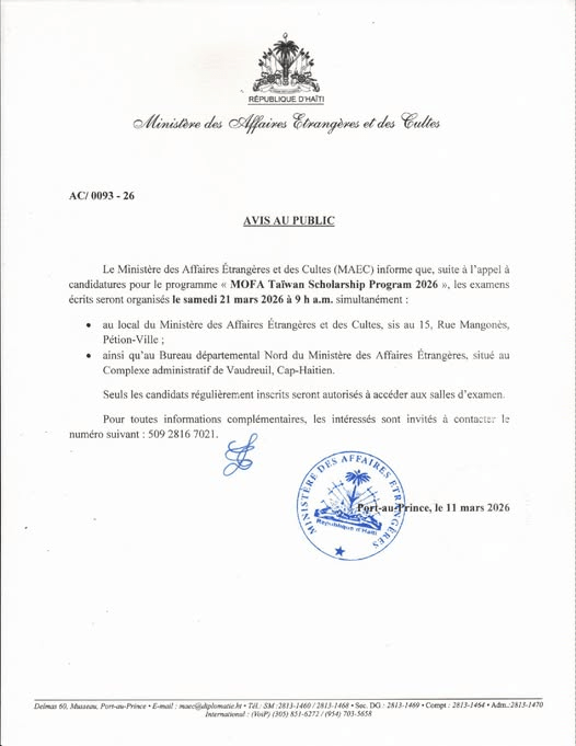 Haïti – Bourses d’études : examens écrits pour le programme Taiwan Scholarship le 21 mars