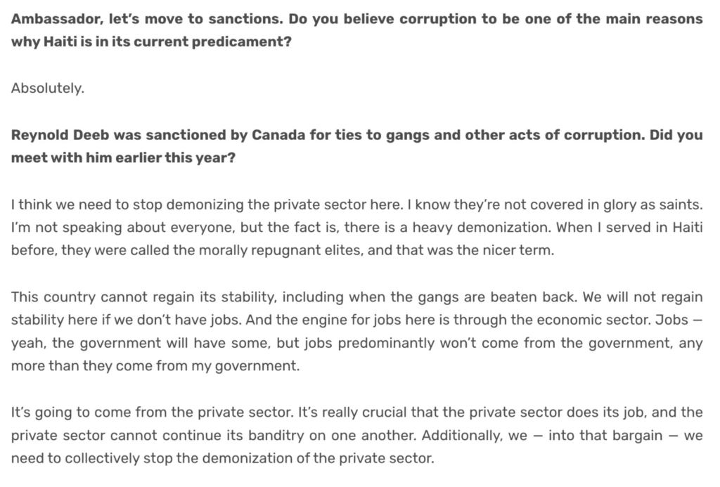 Haïti/Corruption – Affaire Deeb : Wooster dénonce la notion d’« élite répugnante » visant le secteur privé