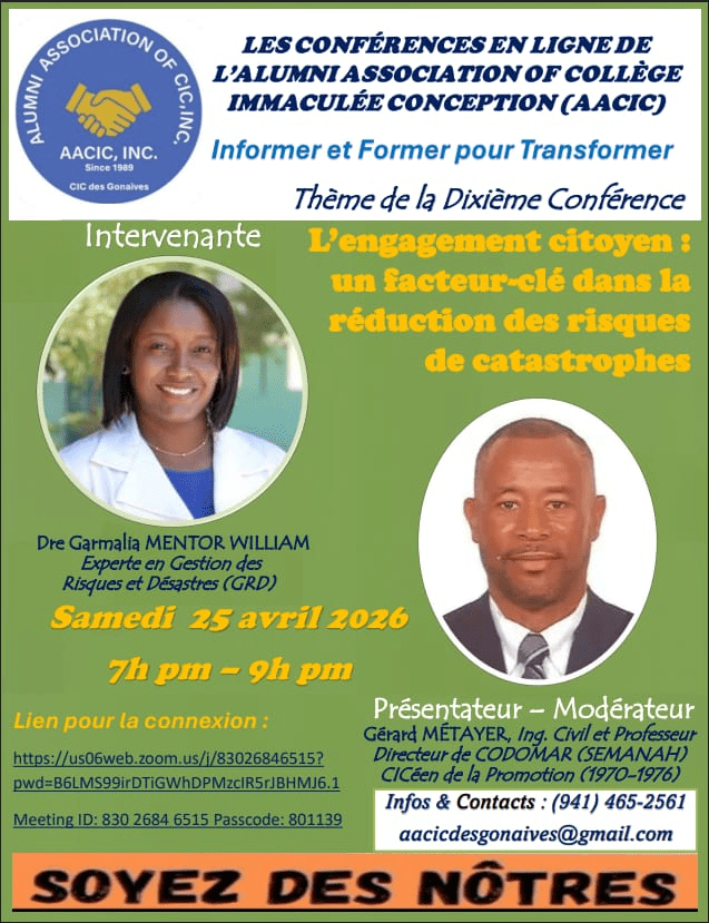 AACIC : la 10e conférence animée par la Dr. Garmalia M. William sur la gestion des désastres, modérée par l’Ing. Gérard Métayer
