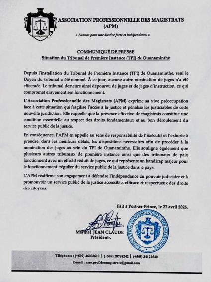 Ouanaminthe : l’APM alerte sur l’absence de juges au tribunal de première instance