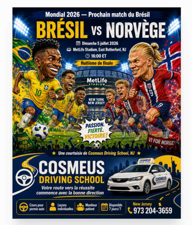 Publicité — Mondial 2026 : Brésil vs Norvège, une courtoisie de Cosmeus Driving School, New Jersey
