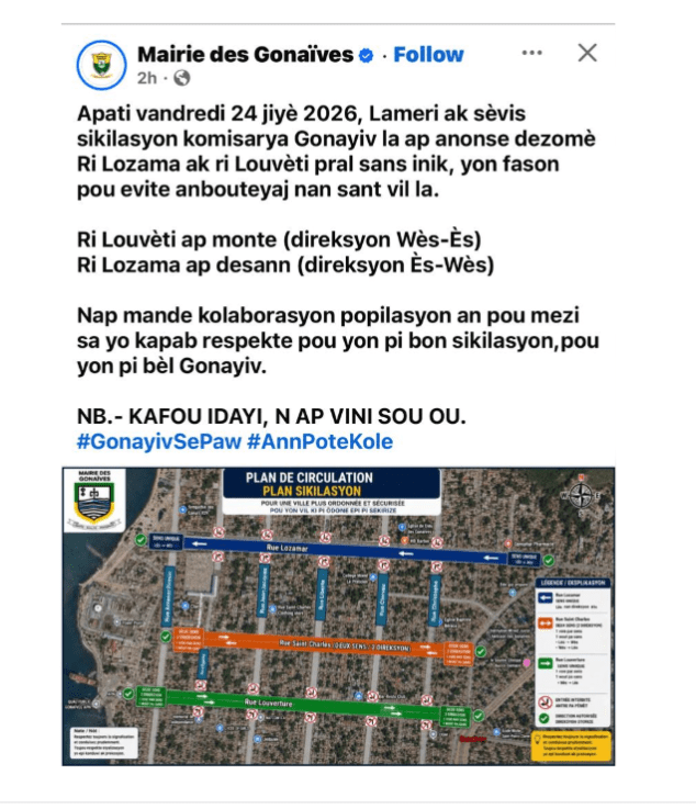 Gonaïves | Circulation : les rues Louverture et Lozamar passent en sens unique dès le 24 juillet