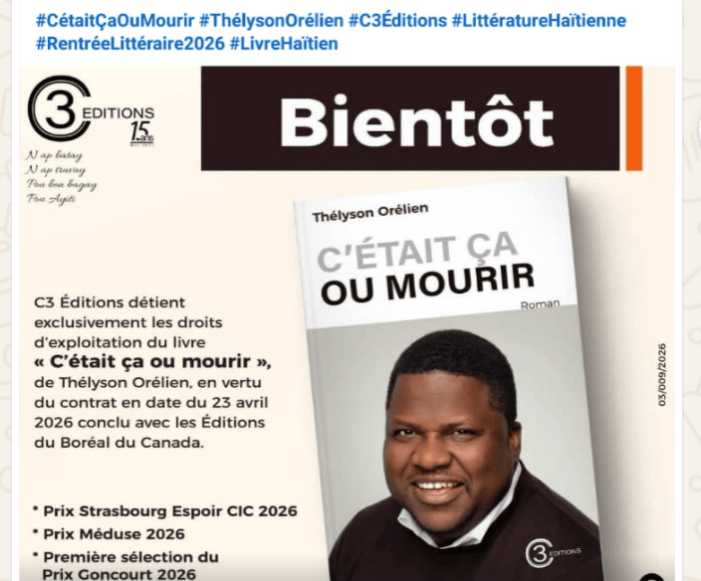 Littérature | « C’était ça ou mourir » du gonaïvien Thélyson Orélien bientôt disponible en Haïti chez C3 Éditions