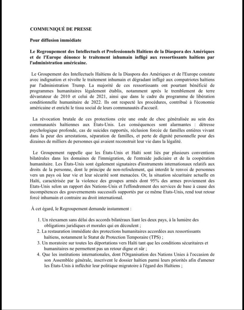 Immigration : des intellectuels haïtiens de la diaspora réclament un moratoire sur les expulsions vers Haïti