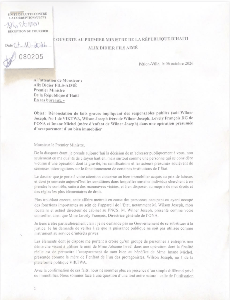 Haïti | Une lettre ouverte adressée à Alix Didier Fils-Aimé dénonce une « opération d’accaparement immobilier impliquant plusieurs responsables publics dont Wilner Joseph et Lovely François »