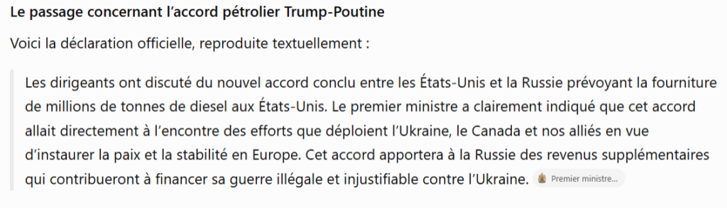 Accord pétrolier Trump-Poutine : Mark Carney accuse Washington de contribuer au financement de la guerre russe contre l’Ukraine